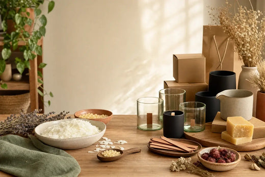 Sustainable candle making setup with coconut soy wax, beeswax, reusable glass jars, wooden wicks, and kraft packaging.