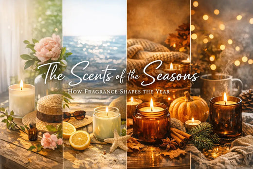 Candles and seasonal decor representing spring, summer, fall, and winter.