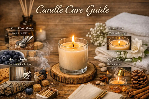 Lit candle with wick-care tools and a candle-care instruction graphic.