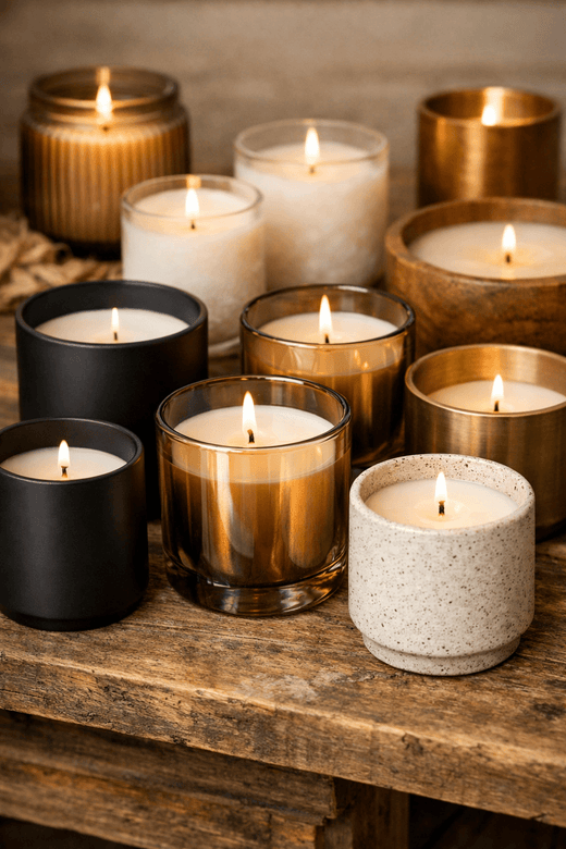 Tealight and votive candles arranged in several holders.
