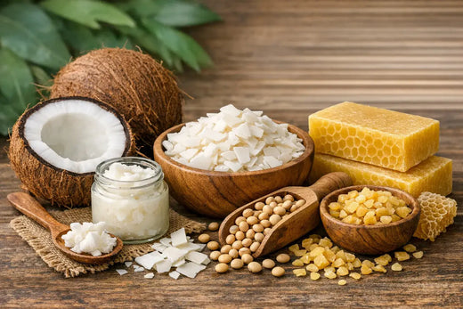 Coconut, soy, and beeswax candle-making materials arranged on natural wood.