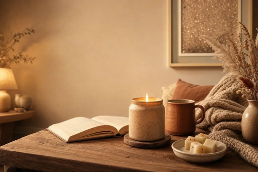 Cozy home ritual scene with a glowing candle, wax melts, open book, ceramic mug, soft blanket, and warm lamplight.