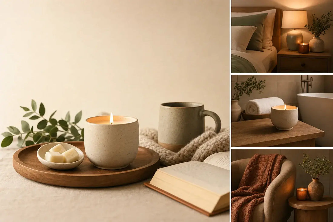 Cozy home sanctuary scene with candles and wax melts styled for bedroom, bath, and living room atmosphere.