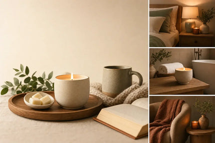 Cozy home sanctuary scene with candles and wax melts styled for bedroom, bath, and living room atmosphere.