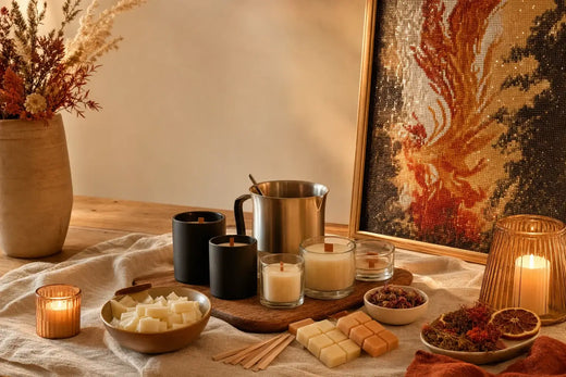 Warm Phoenix Crafted workshop scene with hand-poured candles, wax melts, dried botanicals, and framed diamond art.