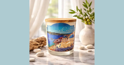 Phoenix Crafted fresh and aquatic fragrance candle in a serene coastal landscape composition.