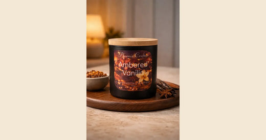 Phoenix Crafted Ambered Vanilla candle in a warm amber, vanilla, wood, and spice landscape composition.