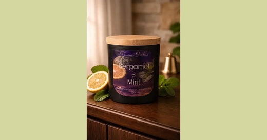 Phoenix Crafted bergamot and mint candle in a fresh citrus-herbal landscape composition.