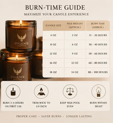 Candle burn-time guide comparing small, medium, and large candle formats.