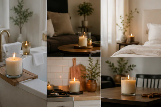 Candles styled in living room, bedroom, bathroom, and kitchen settings.