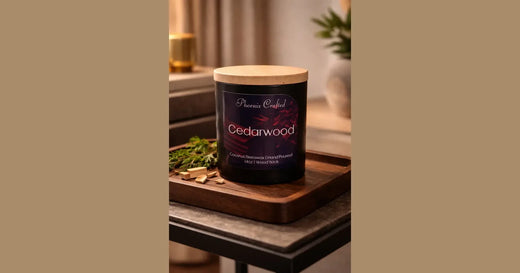 Phoenix Crafted cedarwood candle in a grounded natural-wood landscape composition.