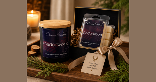 Phoenix Crafted cedarwood candle and wax melts in a warm woody landscape composition.