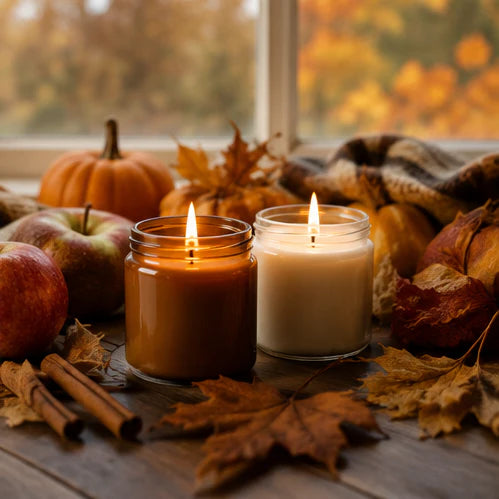Lit candle surrounded by warm-toned autumn decorations.