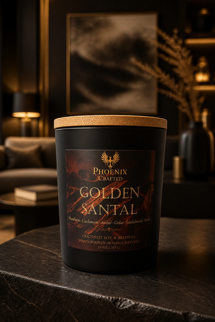 Golden Santal candle with mandarin, cedar, amber, and sandalwood styling for a Phoenix Crafted home-fragrance layering guide.