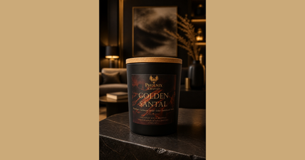Phoenix Crafted Golden Santal candle in a warm creamy-sandalwood landscape composition.