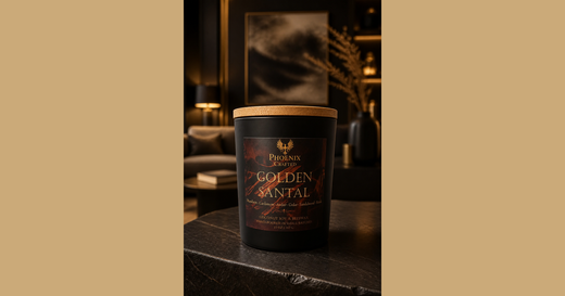 Phoenix Crafted Golden Santal candle in a warm creamy-sandalwood landscape composition.
