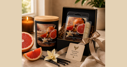 Phoenix Crafted grapefruit and vanilla candle and wax melts in a creamy landscape composition.