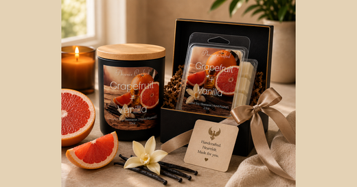 Phoenix Crafted grapefruit and vanilla candle and wax melts in a creamy landscape composition.