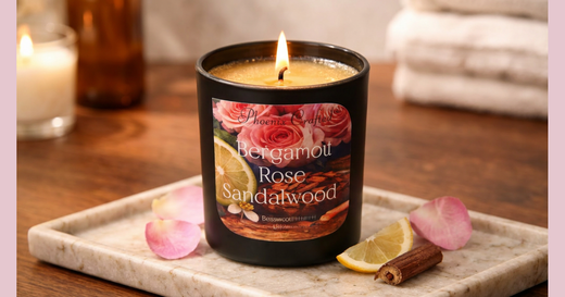 Phoenix Crafted floral fragrance candle styled with roses and botanicals in a landscape composition.