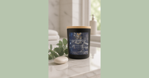 Phoenix Crafted green and herbal fragrance candle styled with eucalyptus and mint in a landscape composition.