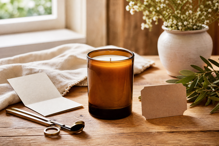 Unbranded amber glass candle vessel with label card, wick trimmer, and instruction card on a warm wood table