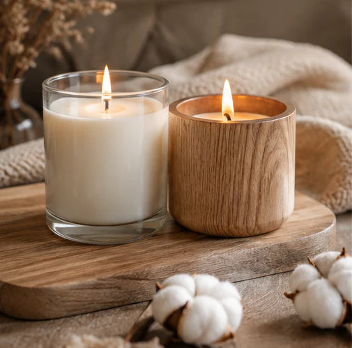 Two lit candles with wood and cotton wicks on a wooden surface.