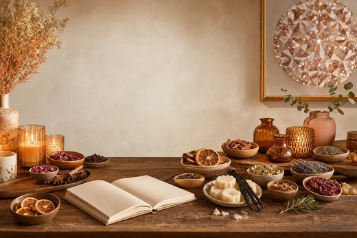 Artisan fragrance storytelling scene with candles, wax melts, dried citrus, rose petals, vanilla, herbs, spices, and a blank notebook.
