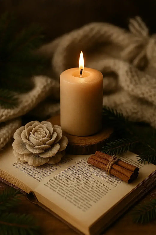 Tealight and votive candles beside a book, rose decoration, and cinnamon sticks.