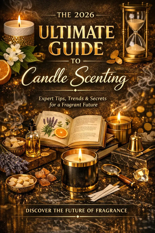 Candles, flowers, and fragrance materials arranged for a scent guide.