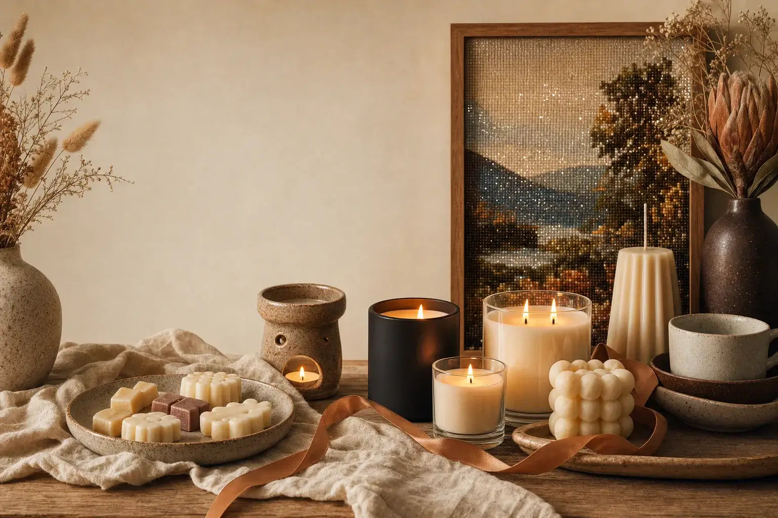 Handcrafted living scene with artisan candles, wax melts, sculptural candles, ceramics, dried botanicals, and framed diamond art.