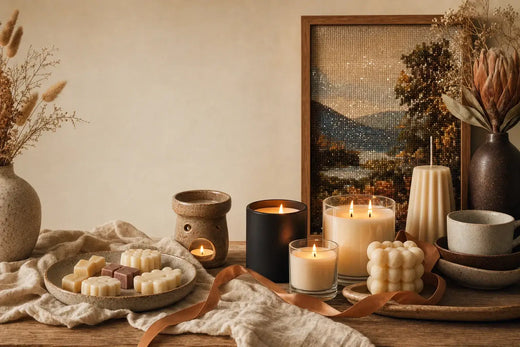 Handcrafted living scene with artisan candles, wax melts, sculptural candles, ceramics, dried botanicals, and framed diamond art.