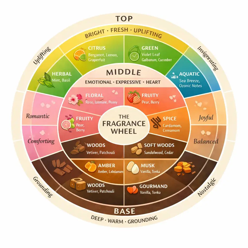 The Fragrance Wheel & the Fragrance Families: Guide to Scents, illustrating scent categories and their descriptions.