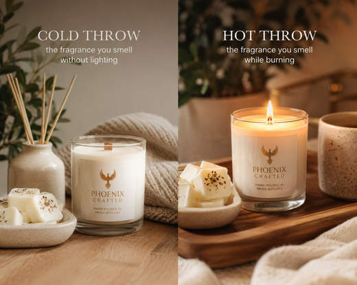 Unlit and lit candles comparing cold throw with hot throw fragrance.