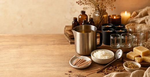 Behind-the-scenes candle crafting setup with wax pitcher, wooden wicks, glass jars, beeswax blocks, and coconut soy wax.