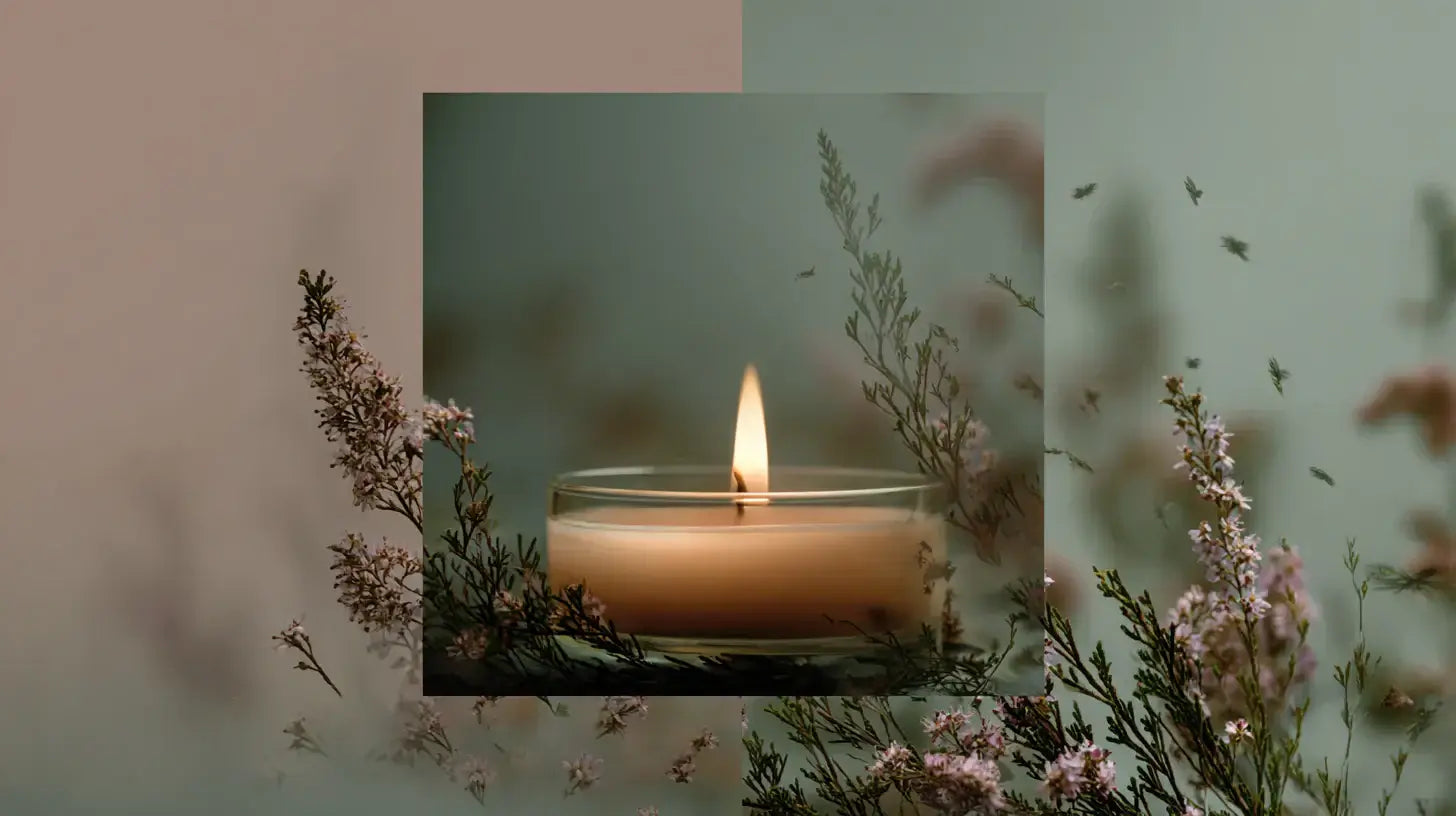 Soothing handmade candles surrounded by delicate flowers, creating a calming ambiance in your space.