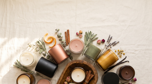 A fragrance wheel surrounded by candles, botanicals, citrus, woods, and other scent-family elements.