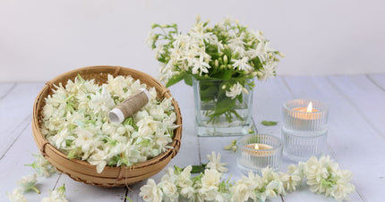 Jasmine flowers and dark woods arranged to represent a jasmine-and-oud fragrance pairing.