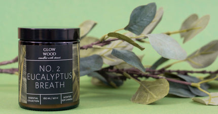 Best soy candles with essential oils featuring Glow Wood eucalyptus breath scented soy candle.