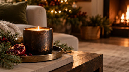 Glowing candle beside fir greenery, pomegranate and warm holiday lights in a cozy living room