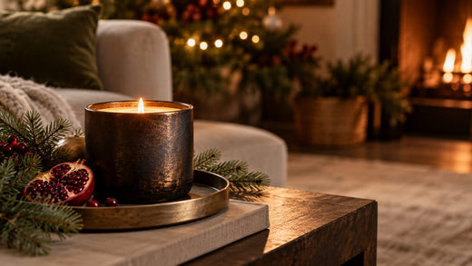 Glowing candle beside fir greenery, pomegranate and warm holiday lights in a cozy living room