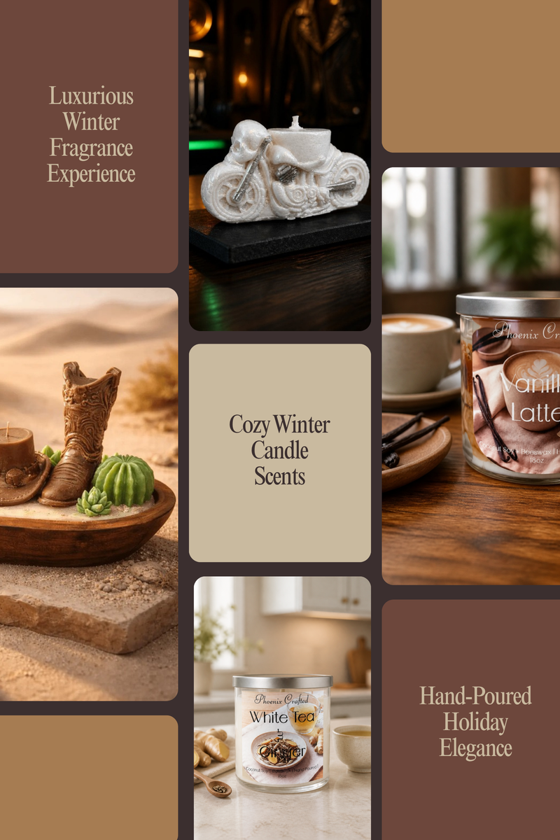 A collage showcasing winter & holiday scents with luxurious candles and cozy winter decor.