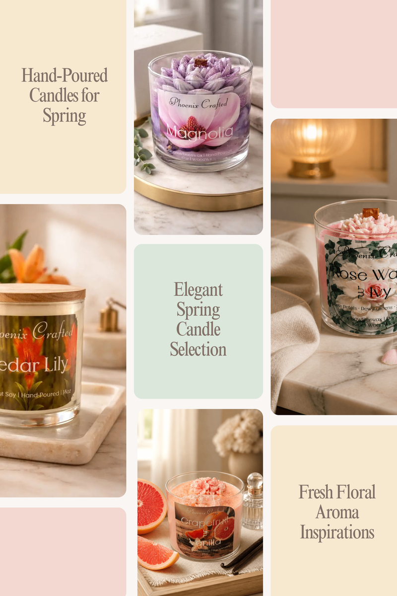 A selection of hand-poured candles featuring elegant spring scents and floral aromas.