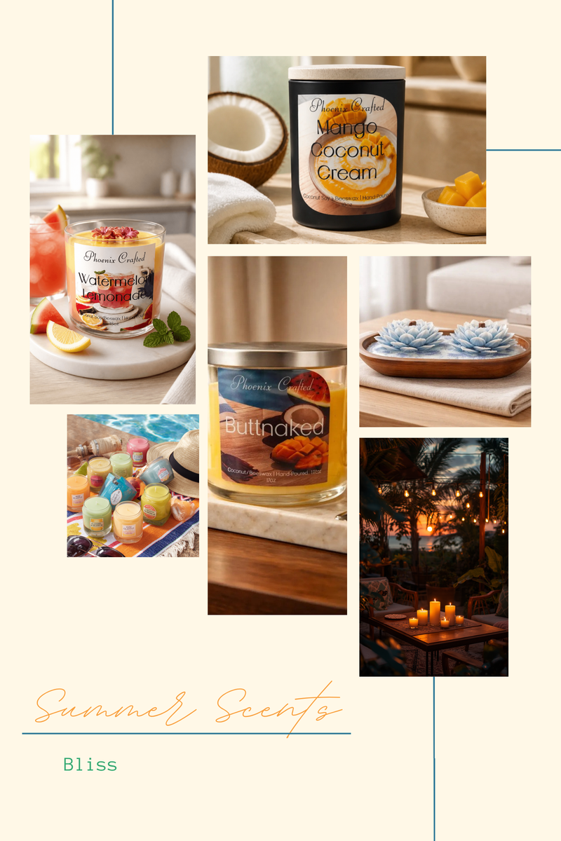 A collage of summer scents candles including Mango Coconut Cream, Watermelon, and Butt Naked.