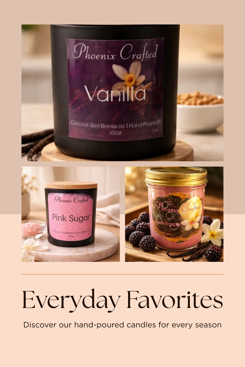 Three hand-poured candles including Vanilla and Pink Sugar from the Everyday Favorites collection.