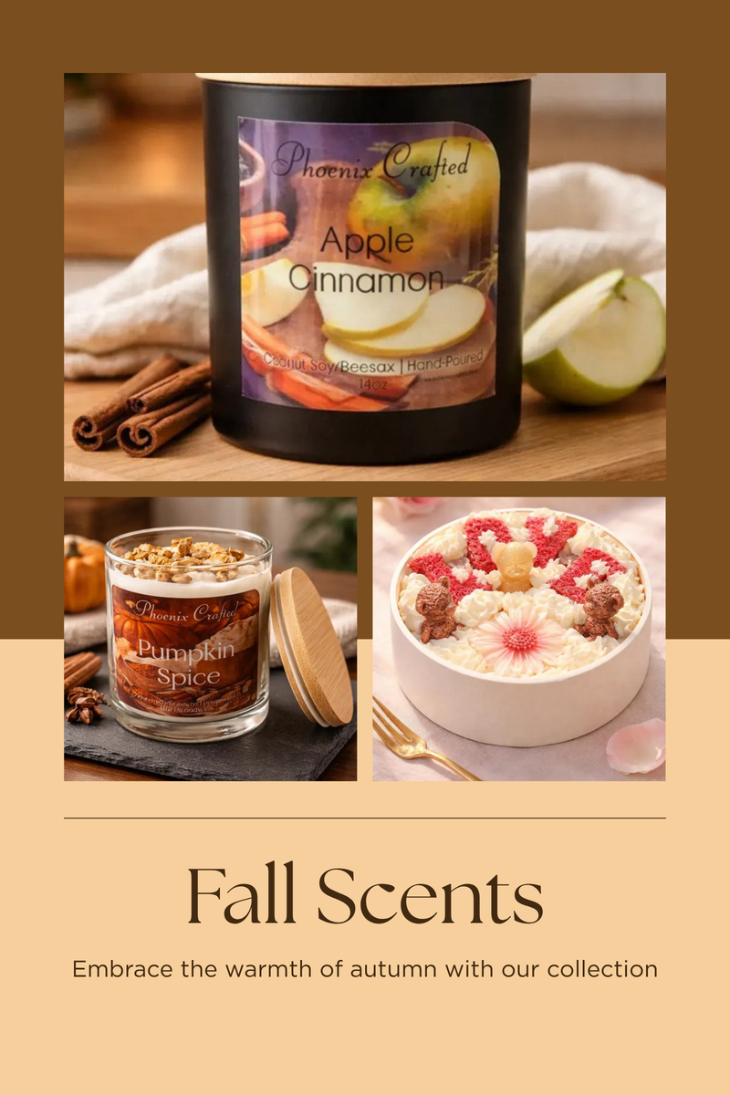 Fall Scents collection featuring Apple Cinnamon and Pumpkin Spice candles and a cozy dessert.