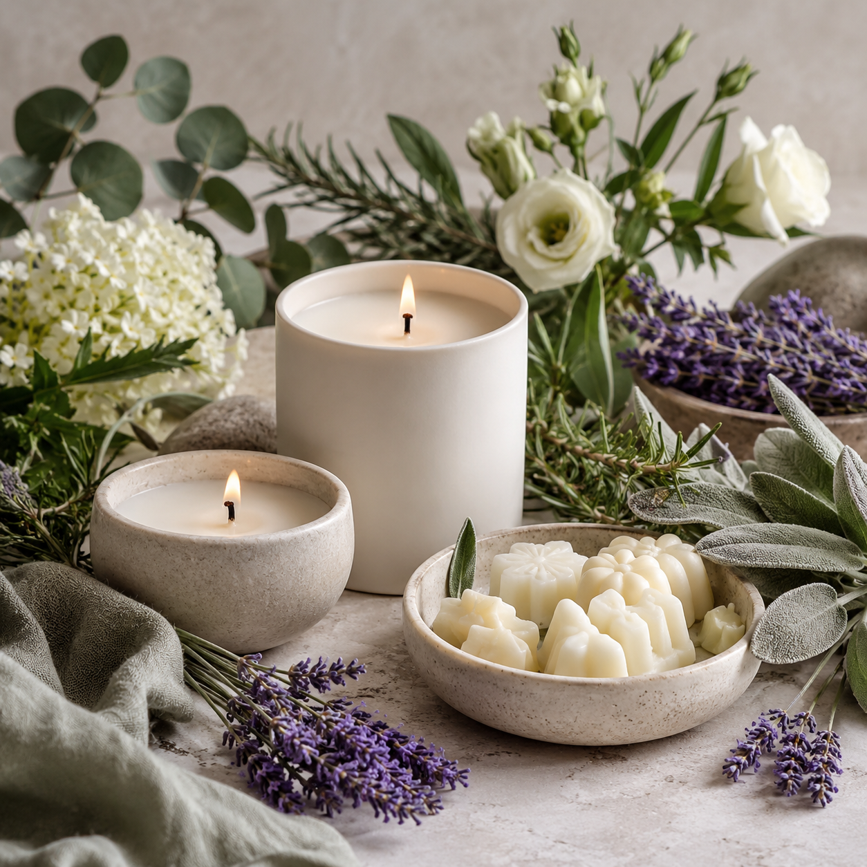 Candles and wax melts styled with fresh herbs and flowers.