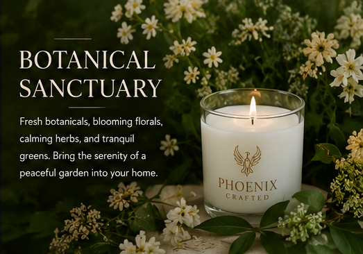 Botanical Sanctuary candle surrounded by fresh botanicals and blooming florals, promoting serenity and tranquility in your home.
