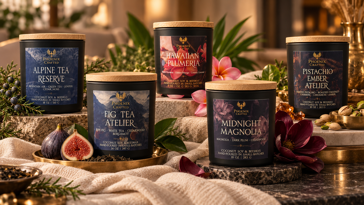 Phoenix Crafted candles featuring Alpine Tea Reserve, Fig Tea Atelier, Hawaiian Plumeria, Midnight Magnolia and Pistachio Ember Atelier.
