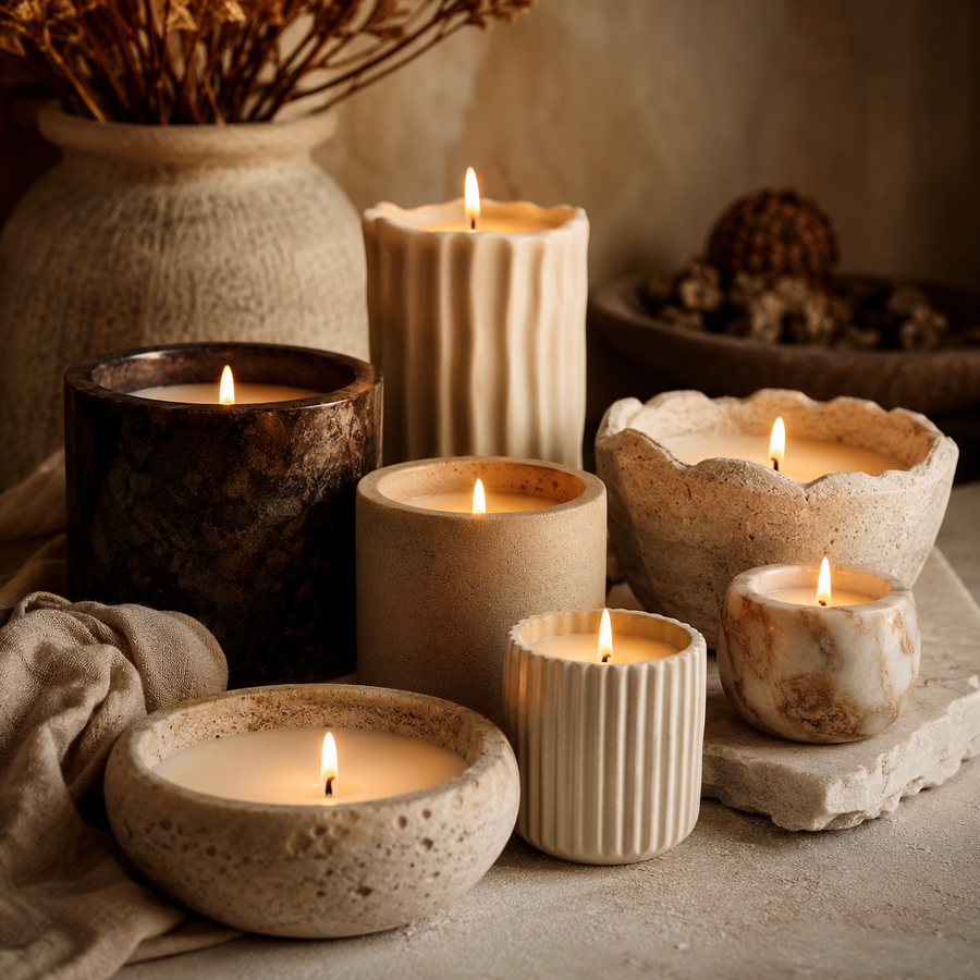 Assorted hand-poured candles in decorative and glass vessels.