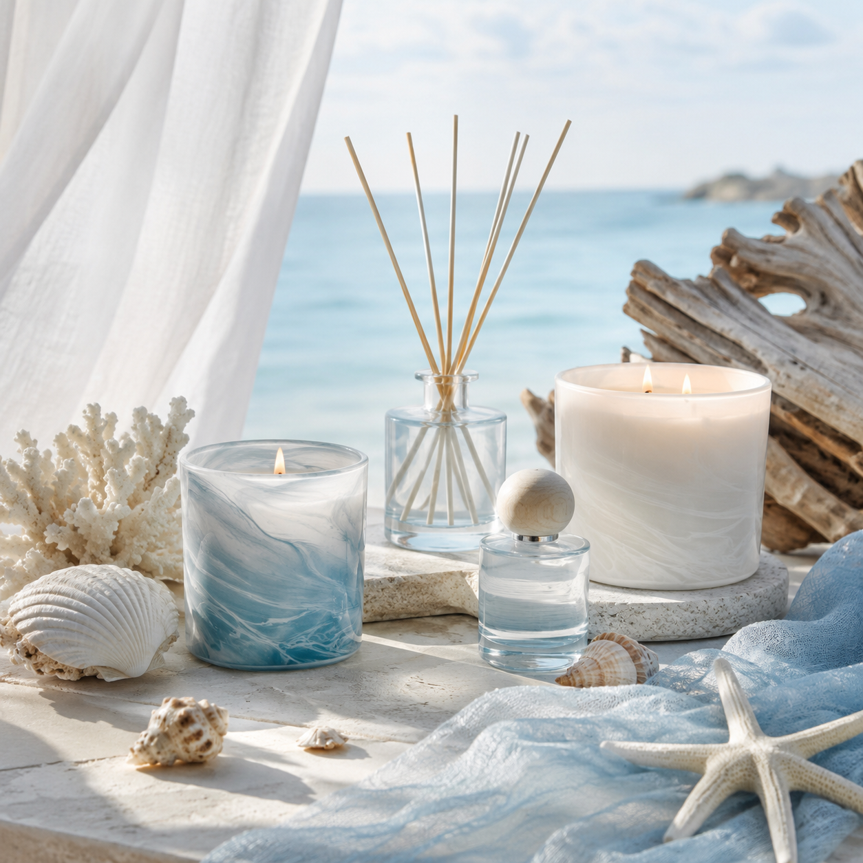 Candles styled with seashells, coral, and driftwood.